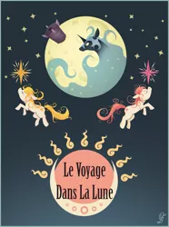 Size: 1415x1900 | Tagged: dead source, safe, artist:thenecrobalam, derpibooru import, nightmare moon, oc, alicorn, earth pony, pony, a trip to the moon, french, movie, poster, rocket, silent film, translation, trio