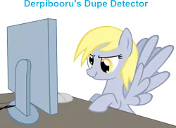 Size: 1000x728 | Tagged: artist needed, safe, derpibooru import, derpy hooves, ponified, pegasus, pony, derpibooru, caption, computer, computer mouse, derpibooru ponified, derpy hooves tech support, desk, dupe detector, english, female, funny, humor, mare, meta, screen, scrunchy face, simple background, solo, spread wings, support, table, tech support, transparent background, wings