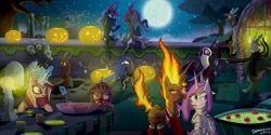 Size: 2500x1250 | Tagged: artist:bonaxor, costume, derpibooru import, discord, halloween, nightmare moon, princess cadance, princess celestia, princess luna, queen chrysalis, safe