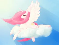 Size: 1600x1200 | Tagged: artist:cerebruses, blushing, cloud, crepuscular rays, derpibooru import, lidded eyes, looking at you, missing accessory, pink mane, pink-mane celestia, princess celestia, prone, safe, smiling, solo, spread wings, sun