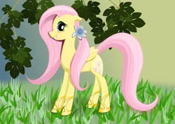 Size: 4213x2980 | Tagged: artist:roadsleadme, blushing, clothes, derpibooru import, flower, flower in hair, fluttershy, happy, safe, shoes, smiling, solo