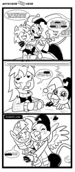 Size: 839x1920 | Tagged: artist:madmax, comic, costume, derpibooru import, fallout equestria, fallout equestria: anywhere but here, fanfic art, harley quinn, monochrome, nightmare night, oc, oc:double tap, oc:paharita, safe, unofficial characters only