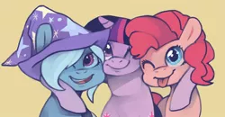 Size: 1280x666 | Tagged: dead source, safe, artist:dhui, derpibooru import, pinkie pie, trixie, twilight sparkle, female, happy, lesbian, shipping, smiling, tongue out, trixiepie, twinkie, twixie, twixiepie