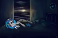 Size: 1550x1024 | Tagged: safe, artist:poussieredelune, derpibooru import, vinyl scratch, pony, unicorn, bed, bedroom, blinds, clock, female, headphones, indoors, ipod, lying down, mare, music, pillow, relaxing, room, side, smiling, solo, wrong eye color