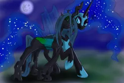 Size: 3000x2000 | Tagged: annoyed, artist:facelessguru, chrysmoon, cute, cutealis, derpibooru import, eyes closed, female, frown, glare, lesbian, mare in the moon, moon, moonabetes, night, nightmare moon, nuzzling, queen chrysalis, raised hoof, safe, shipping, smiling