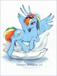 Size: 2000x2655 | Tagged: safe, artist:chio-kami, derpibooru import, rainbow dash, pegasus, pony, bedroom eyes, birthday gift, female, looking at you, mare, pillow, prone, smiling, solo, spread wings, sunglasses