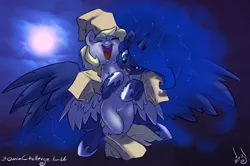 Size: 1200x797 | Tagged: safe, artist:atryl, derpibooru import, derpy hooves, princess luna, pegasus, pony, 30 minute art challenge, costume, female, lesbian, lunaderp, mare, shipping, tickling