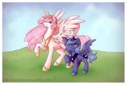 Size: 1000x667 | Tagged: safe, artist:vella, derpibooru import, princess celestia, princess luna, grass, raised hoof, s1 luna