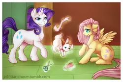 Size: 1000x667 | Tagged: safe, artist:vella, derpibooru import, angel bunny, fluttershy, rarity