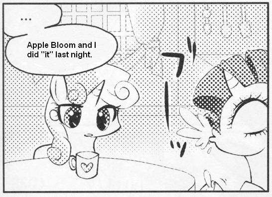 Size: 546x395 | Tagged: suggestive, derpibooru import, rarity, sweetie belle, pony, unicorn, ..., exploitable meme, female, implied apple bloom, implied lesbian, implied sex, implied shipping, implied sweetiebloom, many many pony, meme, monochrome, mug, siblings, sisters, spit take