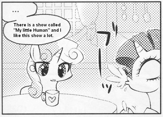 Size: 546x395 | Tagged: safe, derpibooru import, rarity, sweetie belle, pony, unicorn, ..., exploitable meme, female, many many pony, meme, monochrome, mug, spit take