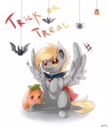 Size: 1500x1765 | Tagged: safe, artist:tomat-in-cup, derpibooru import, derpy hooves, bat, pegasus, pony, spider, chest fluff, female, halloween, holiday, jack-o-lantern, mare, pumpkin, signature, simple background, spread wings, white background, wings