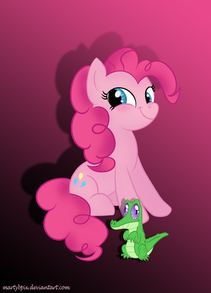 Size: 1300x1800 | Tagged: artist:martybpix, cute, derpibooru import, diapinkes, gummy, pinkie pie, safe, solo, twiface