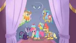 Size: 640x360 | Tagged: safe, derpibooru import, screencap, applejack, fluttershy, pinkie pie, rainbow dash, twilight sparkle, earth pony, pegasus, pony, unicorn, suited for success, balloon, female, mare, rarity logo, unicorn twilight, youtube caption