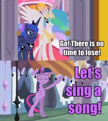 Size: 500x562 | Tagged: bipedal, comic, derpibooru import, edit, edited screencap, eyes closed, princess celestia, princess luna, priorities, safe, screencap, skewed priorities, song, the crystal empire, the failure song, twilight sparkle