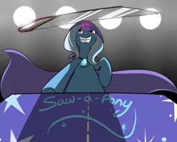 Size: 2500x2000 | Tagged: artist:theparagon, box, box sawing trick, derpibooru import, grin, magic trick, safe, saw, shadow, this will end in death, trixie