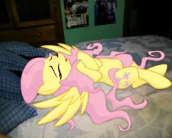 Size: 1280x1024 | Tagged: dead source, safe, artist:illuminatiums, derpibooru import, edit, fluttershy, pony, bed, belly button, irl, on back, photo, ponies in real life, sleeping, vector