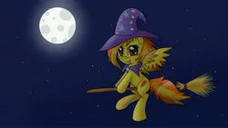 Size: 3813x2145 | Tagged: artist:wildberry-poptart, broom, derpibooru import, flying, flying broomstick, full moon, looking back, moon, night, night sky, safe, smiling, solo, spitfire, spread wings, stars, trixie's hat