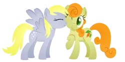 Size: 6000x3000 | Tagged: safe, artist:the smiling pony, derpibooru import, carrot top, derpy hooves, golden harvest, earth pony, pegasus, pony, .svg available, colored pupils, cute, cutie top, derpytop, eyes closed, female, lesbian, mare, nuzzling, one eye closed, shipping, simple background, transparent background, vector
