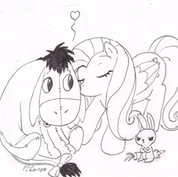 Size: 442x441 | Tagged: safe, derpibooru import, angel bunny, fluttershy, pegasus, pony, carrot, crossed arms, eeyore, eeyoreshy, female, food, heart, kissing, male, mare, pencil drawing, shipping, signature, straight, traditional art