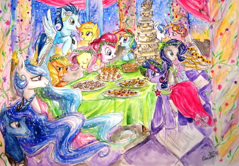 Size: 3698x2570 | Tagged: applejack, artist:my-magic-dream, bridesmaid dress, clothes, derpibooru import, dress, fluttershy, pinkie pie, princess cadance, princess celestia, princess luna, rainbow dash, rarity, safe, shining armor, soarin', spitfire, table, traditional art, twilight sparkle, wedding