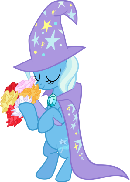 Size: 2850x4000 | Tagged: safe, artist:spaceponies, derpibooru import, trixie, pony, unicorn, bipedal, bouquet, cape, clothes, eyes closed, female, flower, hat, high res, mare, simple background, smiling, solo, transparent background, trixie's cape, trixie's hat, vector