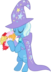 Size: 2850x4000 | Tagged: safe, artist:spaceponies, derpibooru import, trixie, pony, unicorn, bipedal, bouquet, cape, clothes, eyes closed, female, flower, hat, high res, mare, simple background, smiling, solo, transparent background, trixie's cape, trixie's hat, vector