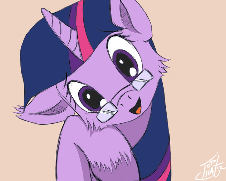 Size: 800x640 | Tagged: safe, artist:tlatophat, derpibooru import, twilight sparkle, pony, unicorn, cheek fluff, ear fluff, female, fluffy, glasses, head tilt, leaning, looking at you, mare, open mouth, signature, simple background, smiling, solo, unshorn fetlocks