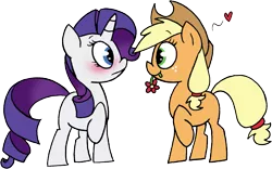 Size: 1719x1070 | Tagged: safe, artist:strangiesleepy, derpibooru import, applejack, rarity, blank flank, blushing, female, flower, heart, lesbian, rarijack, shipping