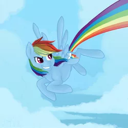 Size: 1000x1000 | Tagged: artist:skdaffle, derpibooru import, flying, grin, rainbow dash, safe, smiling