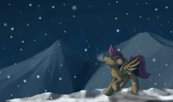 Size: 1280x755 | Tagged: artist:jinyaranda, derpibooru import, mountain, safe, scootaloo, snow, snowfall, solo