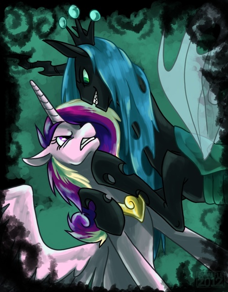 Size: 725x927 | Tagged: artist:skdaffle, derpibooru import, grimace, grin, princess cadance, queen chrysalis, safe