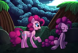 Size: 1105x751 | Tagged: artist:mewball, crying, cute, derpibooru import, dual personality, eyes closed, floppy ears, forest, frown, open mouth, pinkie pie, raised hoof, safe, shadow, sitting, solo, underhoof