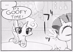 Size: 546x395 | Tagged: safe, derpibooru import, rarity, sweetie belle, pony, unicorn, ..., exploitable meme, female, goofy time, many many pony, meme, monochrome, mug, spit take