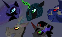 Size: 800x480 | Tagged: antagonist, artist:zeroexe119, derpibooru import, discord, glow, glowing eyes, glowing horn, glow-in-the-dark, grogar, king sombra, nightmare eyes, nightmare moon, queen chrysalis, safe, spoiler:s03