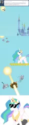 Size: 637x2679 | Tagged: safe, artist:songoharotto, derpibooru import, princess celestia, alicorn, alien, pony, ask aquilinus, ask, canterlot, explosion, female, mare, sunglasses, ufo