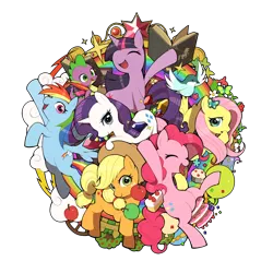 Size: 1400x1400 | Tagged: safe, artist:hitoto, derpibooru import, applejack, fluttershy, pinkie pie, rainbow dash, rarity, spike, twilight sparkle, bird, butterfly, apple, apple tree, balloon, book, cake, cloud, confetti, cupcake, cute, eyes closed, food, happy, mane seven, mane six, open mouth, pile, pixiv, rainbow, smiling, tongue out, tree