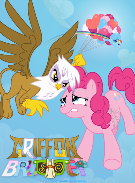 Size: 3000x4071 | Tagged: safe, artist:timon1771, derpibooru import, gilda, pinkie pie, rainbow dash, gryphon, griffon the brush off, balloon, episode posters, poster, title card