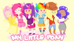 Size: 891x500 | Tagged: applejack, artist:deckthisout, boots, clothes, derpibooru import, eared humanization, fluttershy, horned humanization, human, humanized, jeans, long skirt, mane six, overalls, pants, pinkie pie, rainbow dash, rarity, safe, shoes, simple background, skirt, socks, sweater, sweatershy, tanktop, twilight sparkle, winged humanization