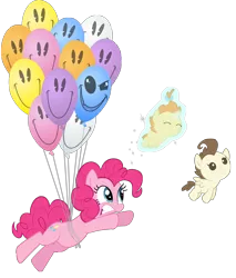 Size: 3000x3517 | Tagged: safe, artist:vectorshy, derpibooru import, discord, pinkie pie, pound cake, pumpkin cake, earth pony, pegasus, pony, unicorn, balloon, blank flank, colt, discord balloon, eyes closed, female, filly, flying, foal, glowing horn, gritted teeth, hooves, horn, levitation, magic, male, mare, self-levitation, simple background, smiling, telekinesis, then watch her balloons lift her up to the sky, transparent background, wings