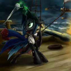 Size: 900x901 | Tagged: artist:rule1of1coldfire, cannon, changeling, changeling queen, derpibooru import, female, magic, ocean, pirate, queen chrysalis, safe, ship, solo, sword, telekinesis