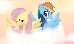 Size: 932x559 | Tagged: safe, artist:xlightningtwisterx, derpibooru import, fluttershy, rainbow dash, blushing, cloud, cloudy, female, flutterdash, lesbian, shipping