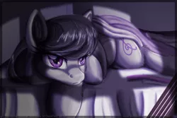 Size: 900x601 | Tagged: safe, artist:inuhoshi-to-darkpen, derpibooru import, octavia melody, earth pony, pony, bed, female, frown, insomnia, mare, night, prone, solo