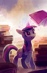 Size: 637x1000 | Tagged: safe, artist:purplekecleon, derpibooru import, twilight sparkle, pony, unicorn, book, female, levitation, looking up, magic, smiling, solo, that pony sure does love books, thick horn, unicorn twilight