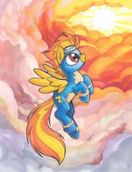 Size: 700x913 | Tagged: artist:lizspit, cloud, cloudy, derpibooru import, flying, safe, solo, spitfire, sunset, traditional art