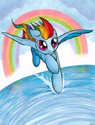 Size: 800x1050 | Tagged: artist:lizspit, derpibooru import, flying, rainbow, rainbow dash, safe, solo, traditional art, water