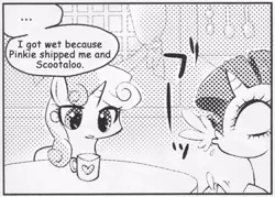 Size: 545x390 | Tagged: suggestive, derpibooru import, rarity, sweetie belle, pony, unicorn, ..., double entendre, exploitable meme, female, innocent innuendo, many many pony, meme, monochrome, mug, spit take