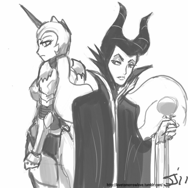 Size: 800x800 | Tagged: artist:johnjoseco, crossover, derpibooru import, grayscale, human, humanized, maleficent, monochrome, nightmare moon, safe, sleeping beauty