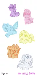 Size: 500x1000 | Tagged: safe, artist:nyu, derpibooru import, applejack, fluttershy, pinkie pie, rainbow dash, rarity, twilight sparkle, earth pony, pegasus, pony, unicorn, :3, blushing, chibi, cute, female, limited palette, mane six, mare, one eye closed, open mouth, simple background, unicorn twilight, white background, wink