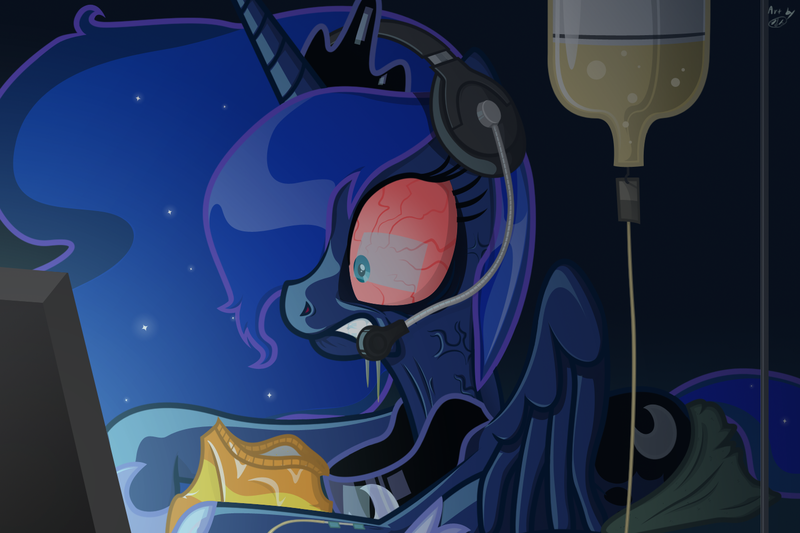 Size: 1500x1000 | Tagged: artist:sunyup, bloodshot eyes, derpibooru import, gamer luna, iv drip, princess luna, safe, solo, video game